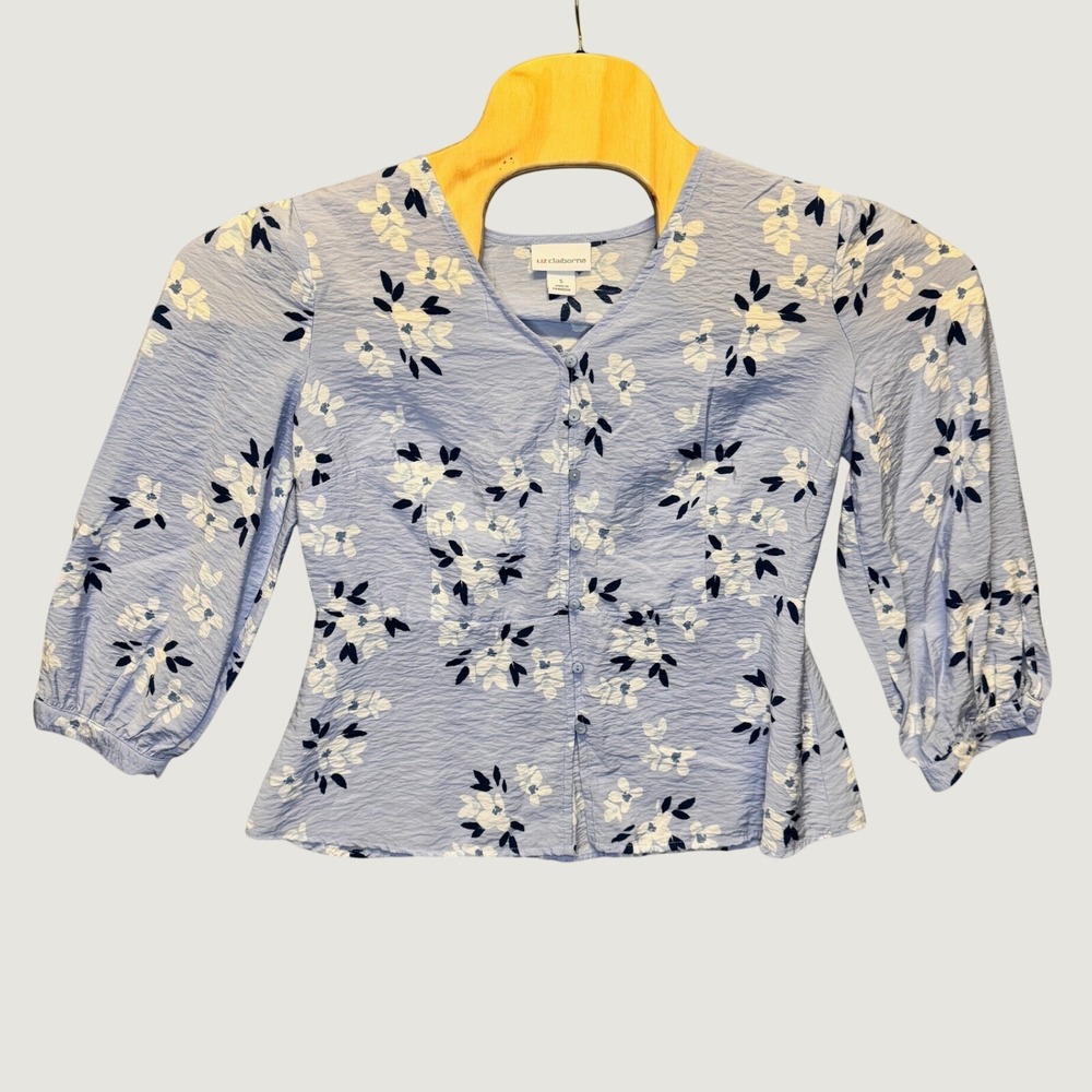 2331 | Liz Claiborne Floral Button Front V-Neck 3/4 Sleeve Blouse Blue Womens S